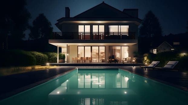 modern luxury house with a swimming pool at night. Neural network generated in May 2023. Not based on any actual person, scene or pattern.