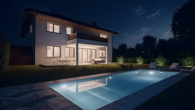 modern luxury house with a swimming pool at night. Neural network generated in May 2023. Not based on any actual person, scene or pattern.