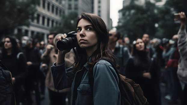 People protest at city streets at day time, hyperrealistic style. Neural network generated in May 2023. Not based on any actual person, scene or pattern.