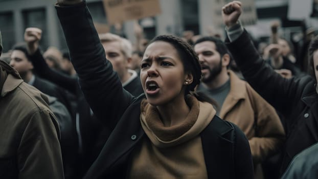 People protest at city streets at day time, hyperrealistic style. Neural network generated in May 2023. Not based on any actual person, scene or pattern.