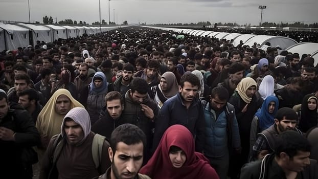 large crowd of middle eastern refugees in a refugee camp. Neural network generated in May 2023. Not based on any actual person, scene or pattern.