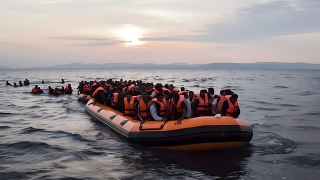 large group of refugees in a huge inflatable boat at sunset or sunrise. Neural network generated in May 2023. Not based on any actual person, scene or pattern.