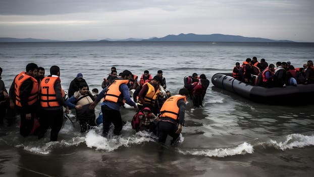 large group of refugees walking from the sea to the shore at sunset or sunrise from inflatable boat. Neural network generated in May 2023. Not based on any actual person, scene or pattern.