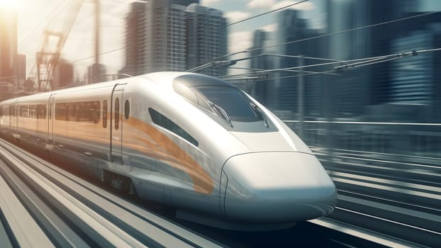generic modern high-speed train moving fast through the city environment. Neural network generated in May 2023. Not based on any actual person, scene or pattern.