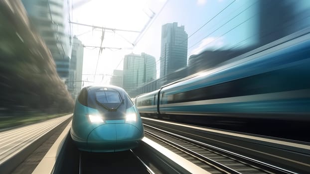 generic modern high-speed train moving fast through the city environment. Neural network generated in May 2023. Not based on any actual person, scene or pattern.