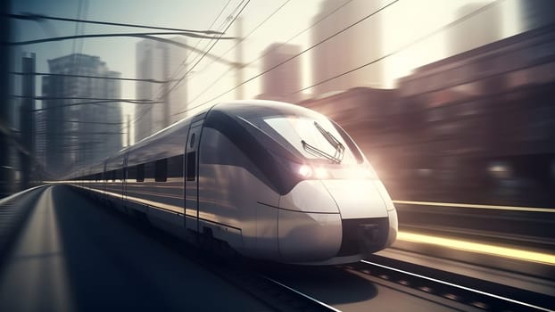 generic modern high-speed train moving fast through the city environment. Neural network generated in May 2023. Not based on any actual person, scene or pattern.