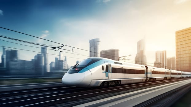 generic modern high-speed train moving fast through the city environment. Neural network generated in May 2023. Not based on any actual person, scene or pattern.