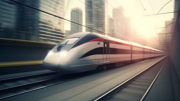 generic modern high-speed train moving fast through the city environment. Neural network generated in May 2023. Not based on any actual person, scene or pattern.