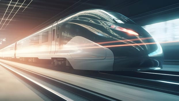 generic modern high-speed train moving fast through the city environment. Neural network generated in May 2023. Not based on any actual person, scene or pattern.