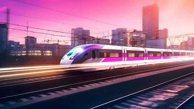generic modern high-speed train moving fast through the city environment. Neural network generated in May 2023. Not based on any actual person, scene or pattern.