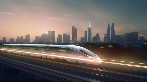 generic modern high-speed train moving fast through the city environment. Neural network generated in May 2023. Not based on any actual person, scene or pattern.