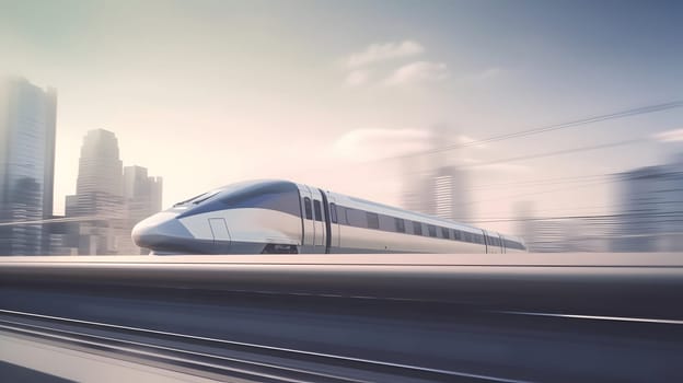 generic modern high-speed train moving fast through the city environment. Neural network generated in May 2023. Not based on any actual person, scene or pattern.