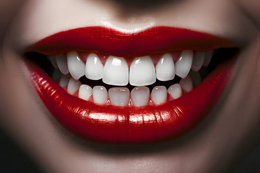 beautiful white teeth of woman mouth with painted lips. Neural network generated in May 2023. Not based on any actual person, scene or pattern.