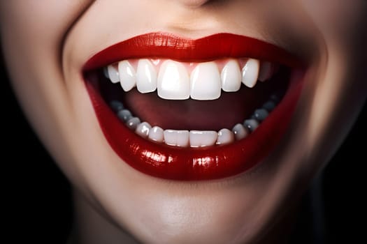 beautiful white teeth of woman mouth with painted lips. Neural network generated in May 2023. Not based on any actual person, scene or pattern.