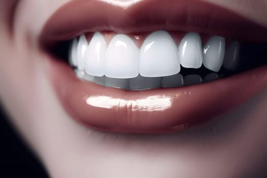 beautiful white teeth of woman mouth with painted lips. Neural network generated in May 2023. Not based on any actual person, scene or pattern.