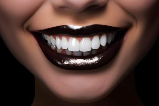 beautiful white teeth of woman mouth with painted lips. Neural network generated in May 2023. Not based on any actual person, scene or pattern.