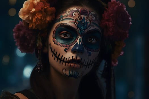 cinematic photorealistic portrait of gorgeous woman sugar skull at day of the dead. Neural network generated in May 2023. Not based on any actual person, scene or pattern.