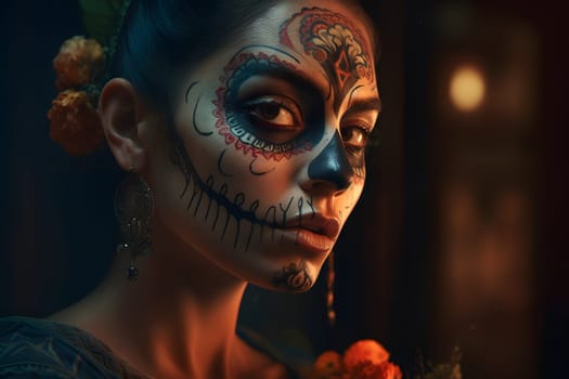 cinematic photorealistic portrait of gorgeous woman sugar skull at day of the dead. Neural network generated in May 2023. Not based on any actual person, scene or pattern.