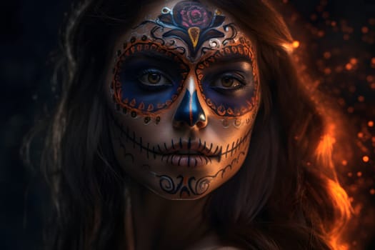 cinematic photorealistic portrait of gorgeous woman sugar skull at day of the dead. Neural network generated in May 2023. Not based on any actual person, scene or pattern.