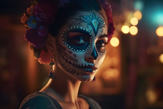 cinematic photorealistic portrait of gorgeous woman sugar skull at day of the dead. Neural network generated in May 2023. Not based on any actual person, scene or pattern.