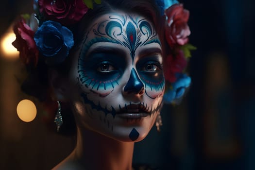 cinematic photorealistic portrait of gorgeous woman sugar skull at day of the dead. Neural network generated in May 2023. Not based on any actual person, scene or pattern.