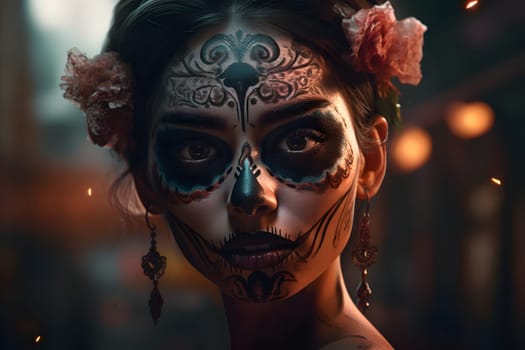 cinematic photorealistic portrait of gorgeous woman sugar skull at day of the dead. Neural network generated in May 2023. Not based on any actual person, scene or pattern.