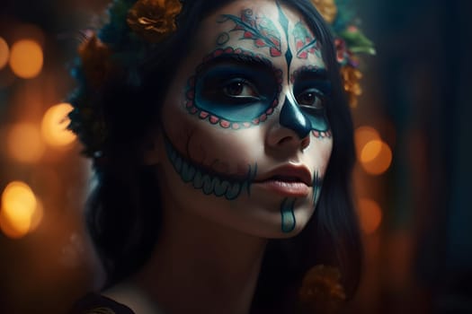 cinematic photorealistic portrait of gorgeous woman sugar skull at day of the dead. Neural network generated in May 2023. Not based on any actual person, scene or pattern.