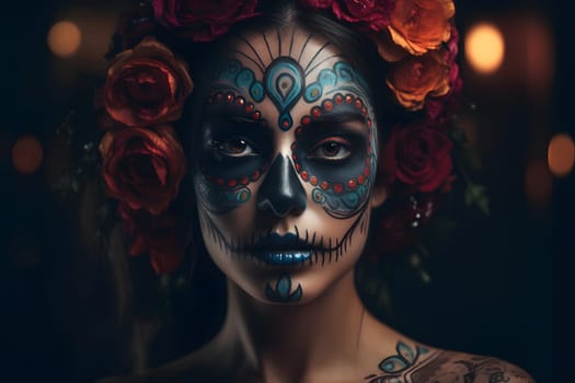 cinematic photorealistic portrait of gorgeous woman sugar skull at day of the dead. Neural network generated in May 2023. Not based on any actual person, scene or pattern.