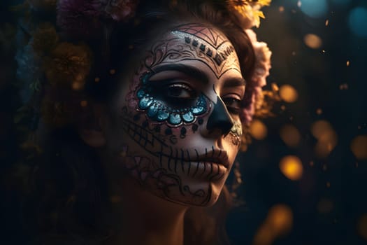 cinematic photorealistic portrait of gorgeous woman sugar skull at day of the dead. Neural network generated in May 2023. Not based on any actual person, scene or pattern.