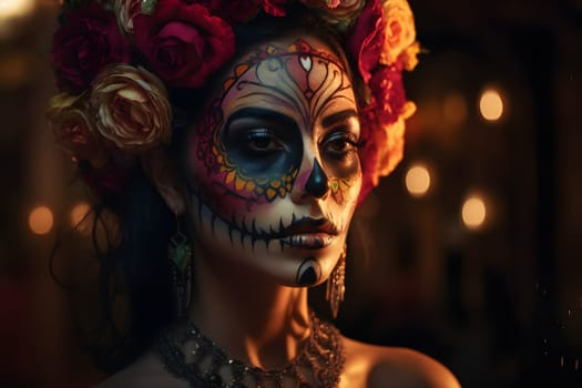 cinematic photorealistic portrait of gorgeous woman sugar skull at day of the dead. Neural network generated in May 2023. Not based on any actual person, scene or pattern.