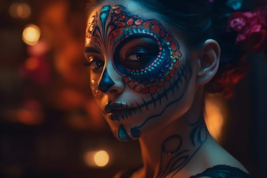 cinematic photorealistic portrait of gorgeous woman sugar skull at day of the dead. Neural network generated in May 2023. Not based on any actual person, scene or pattern.