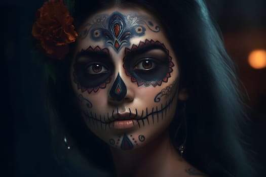 cinematic photorealistic portrait of gorgeous woman sugar skull at day of the dead. Neural network generated in May 2023. Not based on any actual person, scene or pattern.