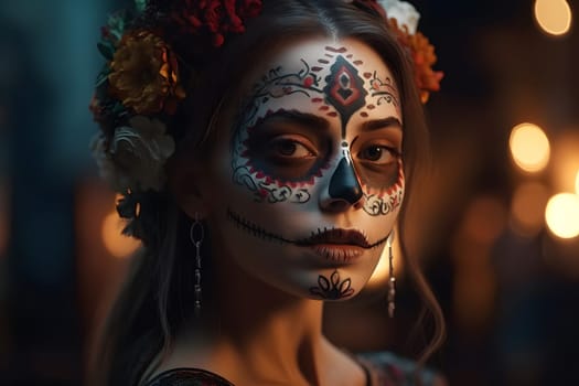 cinematic photorealistic portrait of gorgeous woman sugar skull at day of the dead. Neural network generated in May 2023. Not based on any actual person, scene or pattern.
