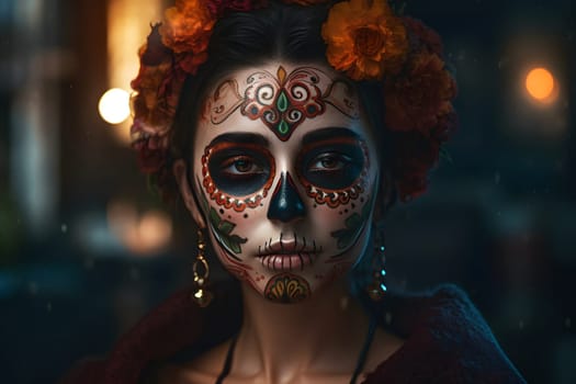 cinematic photorealistic portrait of gorgeous woman sugar skull at day of the dead. Neural network generated in May 2023. Not based on any actual person, scene or pattern.