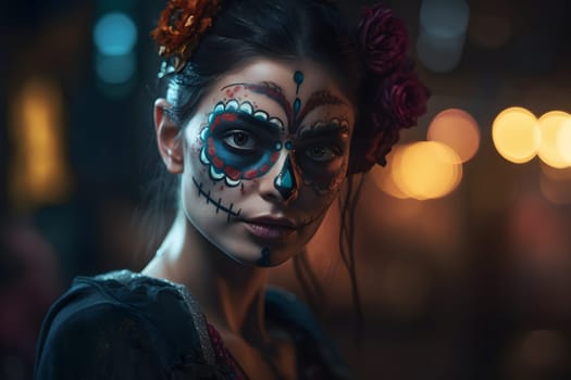 cinematic photorealistic portrait of gorgeous woman sugar skull at day of the dead. Neural network generated in May 2023. Not based on any actual person, scene or pattern.