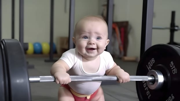 ittle smiling caucasian strong baby boy lifts a 400 kg barbell. Neural network generated in May 2023. Not based on any actual person, scene or pattern.