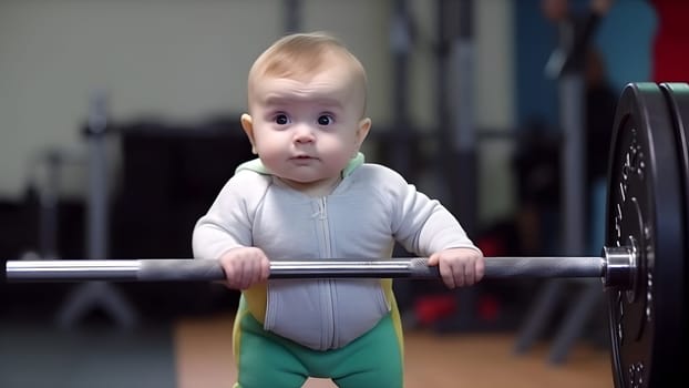 ittle smiling caucasian strong baby boy lifts a 400 kg barbell. Neural network generated in May 2023. Not based on any actual person, scene or pattern.