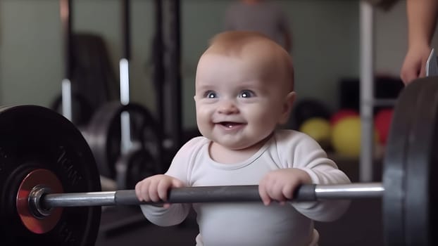 ittle smiling caucasian strong baby boy lifts a 400 kg barbell. Neural network generated in May 2023. Not based on any actual person, scene or pattern.