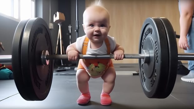 ittle smiling caucasian strong baby boy lifts a 400 kg barbell. Neural network generated in May 2023. Not based on any actual person, scene or pattern.