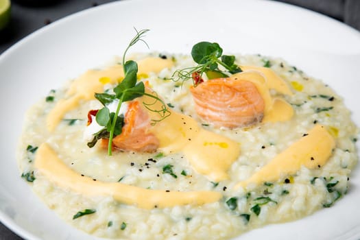 beautifully served porridge with egg and herbs