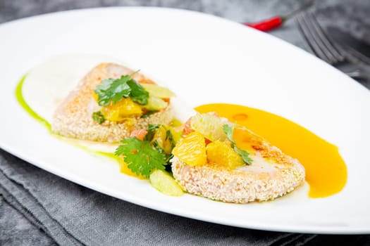 fish with tangerines, parsley and sesame breaded