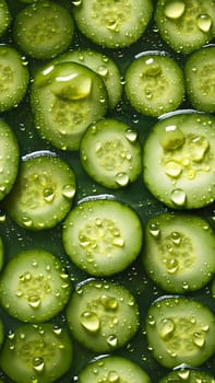 seamless background and texture of sliced cucumbers with drops of water. Neural network generated in May 2023. Not based on any actual person, scene or pattern.