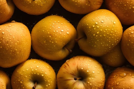 Fresh golden apples with water drops seamless closeup background and texture. Neural network generated in May 2023. Not based on any actual scene or pattern.