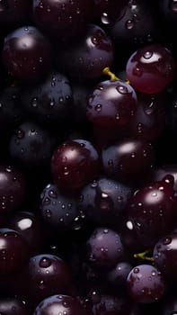 Fresh grapes seamless texture and full-frame background adorned with glistering water drops. Neural network generated in May 2023. Not based on any actual scene or pattern.