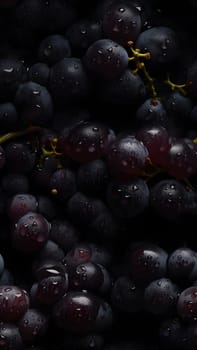 Fresh grapes seamless texture and full-frame background adorned with glistering water drops. Neural network generated in May 2023. Not based on any actual scene or pattern.