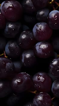 Fresh grapes seamless texture and full-frame background adorned with glistering water drops. Neural network generated in May 2023. Not based on any actual scene or pattern.