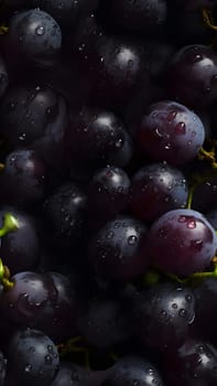 Fresh grapes seamless texture and full-frame background adorned with glistering water drops. Neural network generated in May 2023. Not based on any actual scene or pattern.