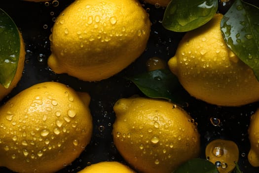 seamless texture and full-frame macro background of fresh lemons covered with water drops. Neural network generated in May 2023. Not based on any actual scene or pattern.