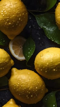 seamless texture and full-frame macro background of fresh lemons covered with water drops. Neural network generated in May 2023. Not based on any actual scene or pattern.