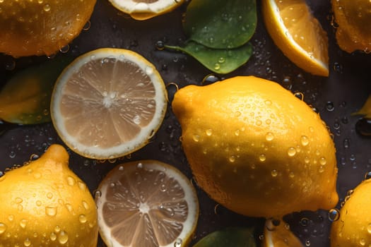 seamless texture and full-frame macro background of fresh lemons covered with water drops. Neural network generated in May 2023. Not based on any actual scene or pattern.